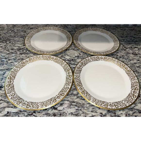 Lenox Tuscany Dinner Plates Gold Scrolls Birds 10 3/4" Ivory Set of 4 - Picture 1 of 10